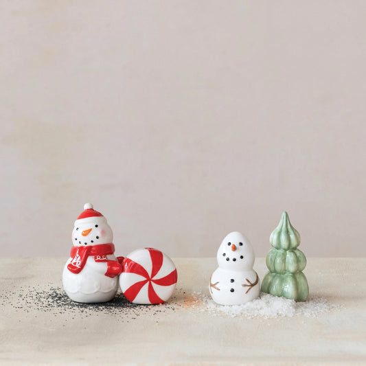 Stoneware Snowman & Tree Salt & Pepper Shakers, Feathered Farmhouse