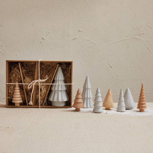 Stoneware & Wood Christmas Trees, Feathered Farmhouse