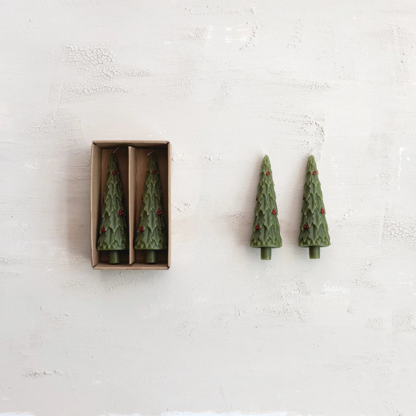 Tree with Holly Shaped Taper Candles, Feathered Farmhouse