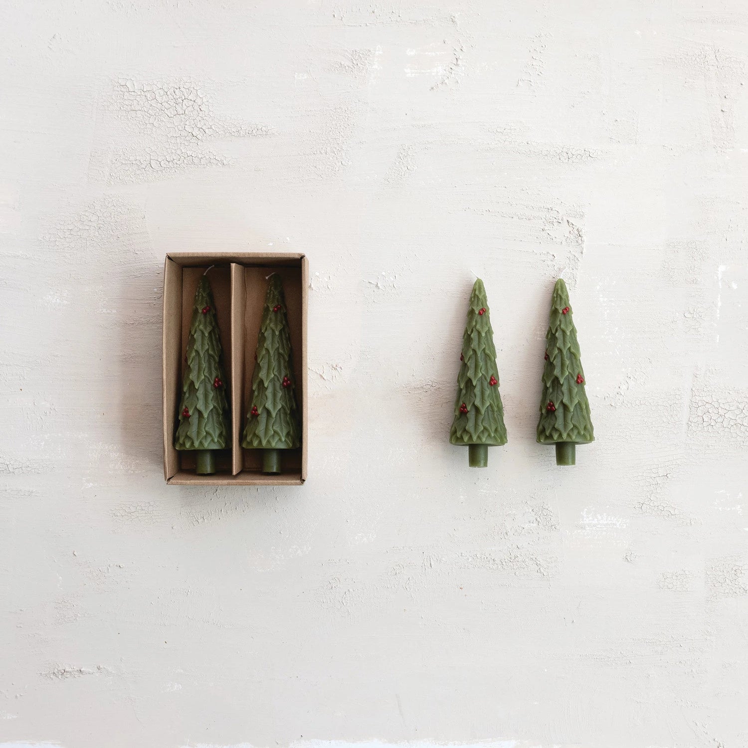 Tree with Holly Shaped Taper Candles, Feathered Farmhouse