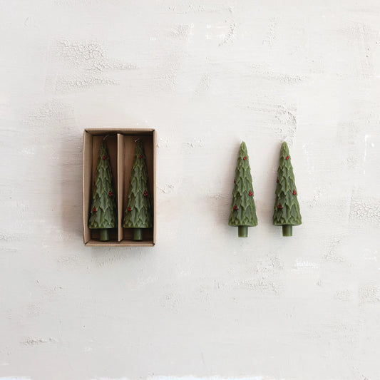 Tree with Holly Shaped Taper Candles, Feathered Farmhouse