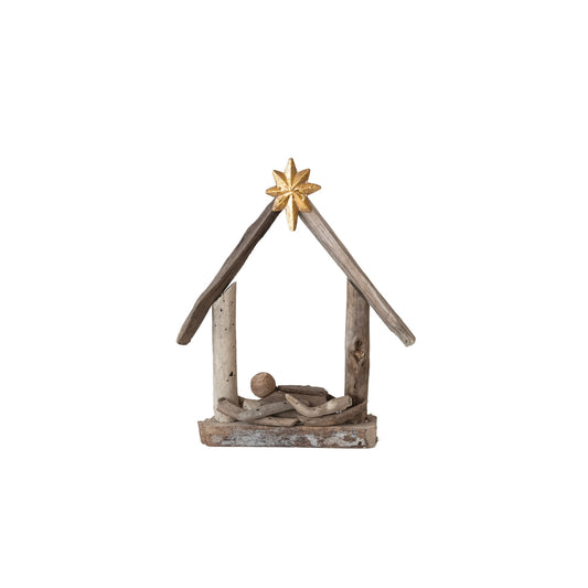 Handmade Driftwood & Acacia Wood Baby Jesus in Manger, Feathered Farmhouse