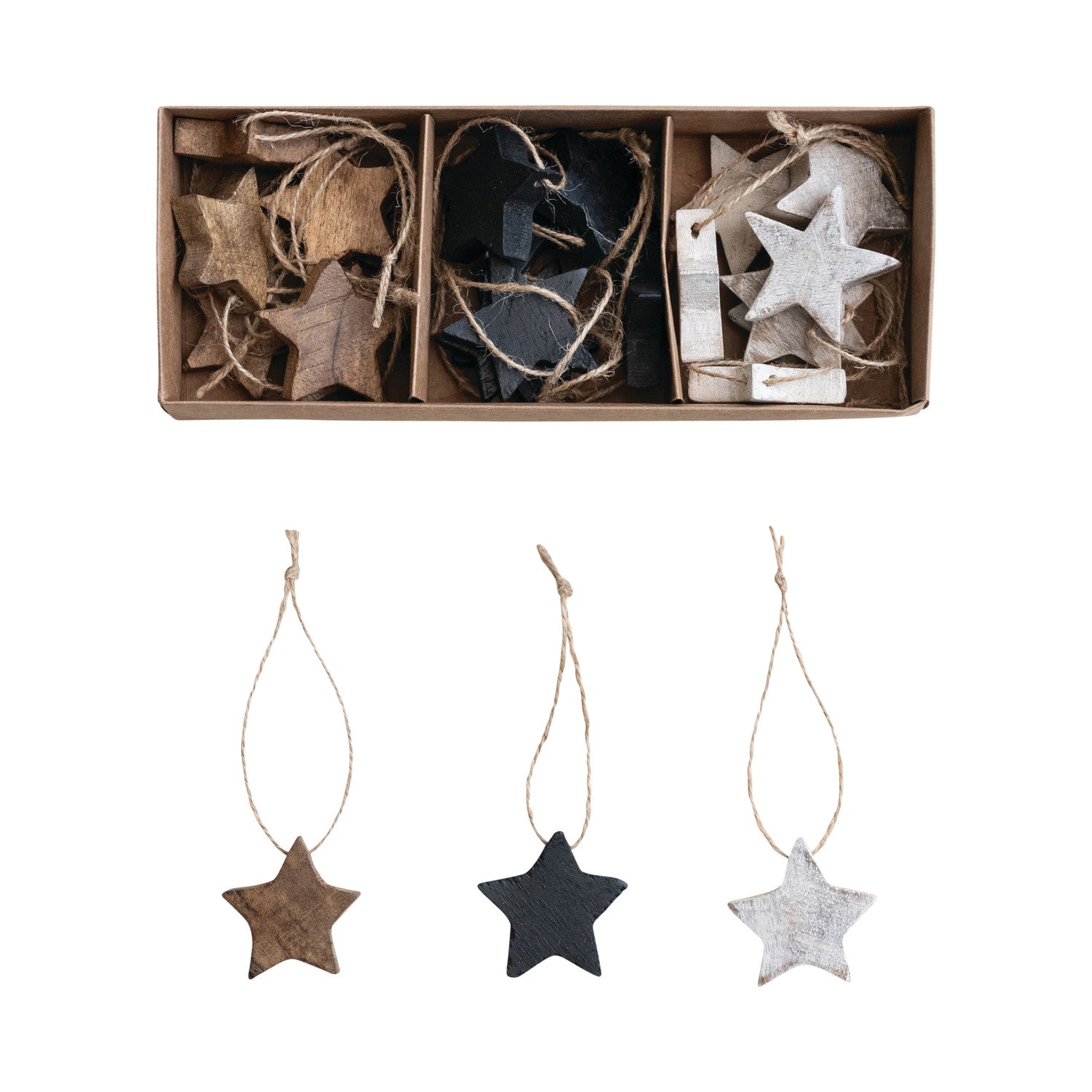 Mango Wood Star Ornaments with Jute Hangers, Feathered Farmhouse
