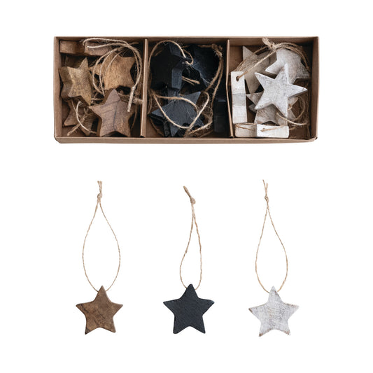 Mango Wood Star Ornaments with Jute Hangers, Feathered Farmhouse