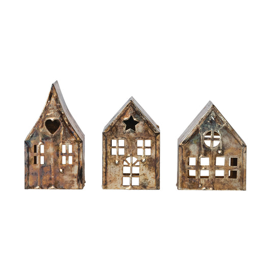 Metal House Tealight Holder with Open Back, Feathered Farmhouse