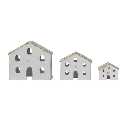 Paper Mache Houses with Gold Foil Stars & Trim, Feathered Farmhouse