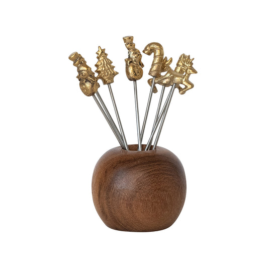 Mango Wood Holder with Appetizer Picks, Feathered Farmhouse