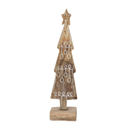Hand-Carved Mango Wood Tree with Star & Design, Feathered Farmhouse