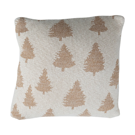 20" Square Cotton Knit Pillow with Trees & Metallic Gold Thread, Feathered Farmhouse