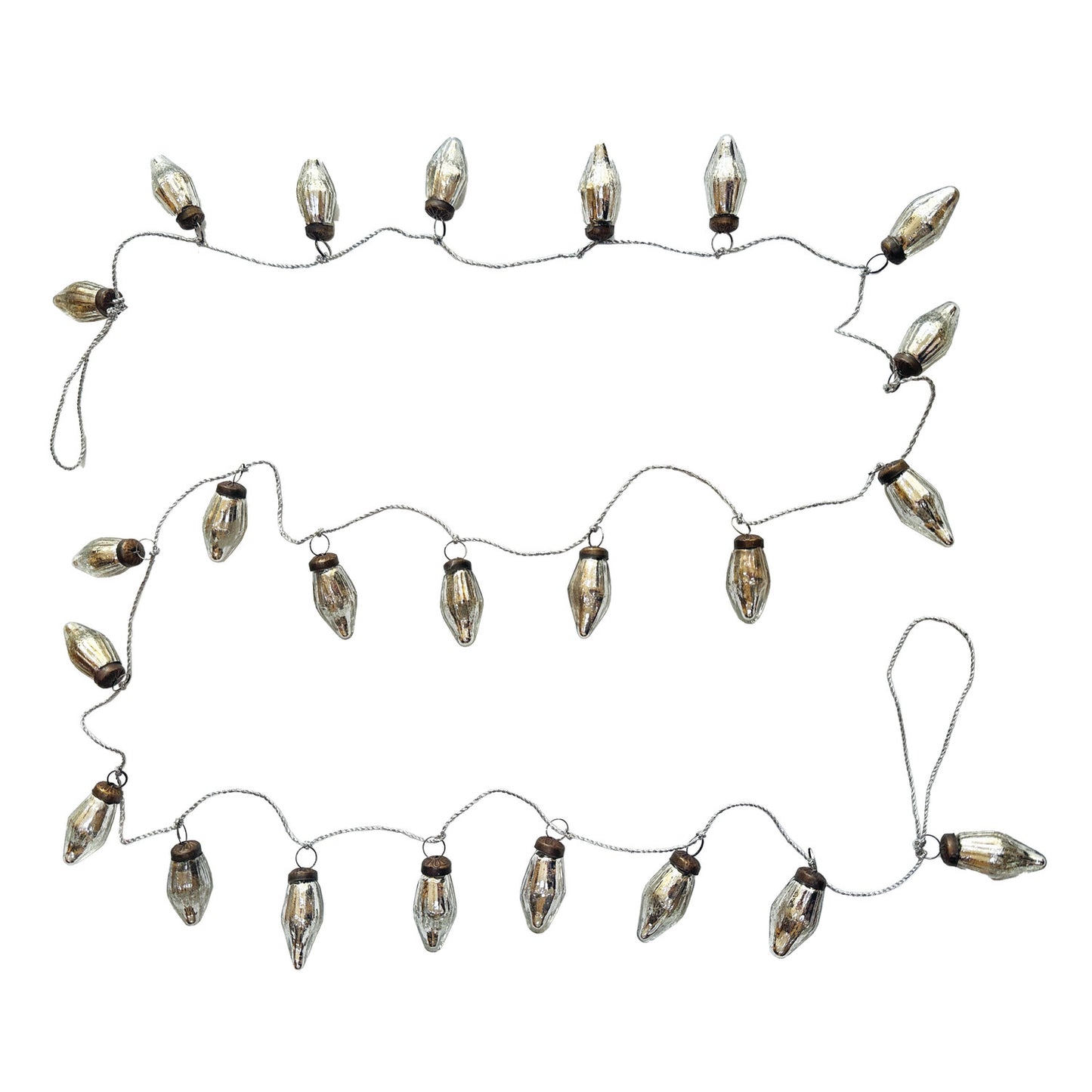 Recycled Mercury Glass Ornament Garland with Silver Cord, Feathered Farmhouse