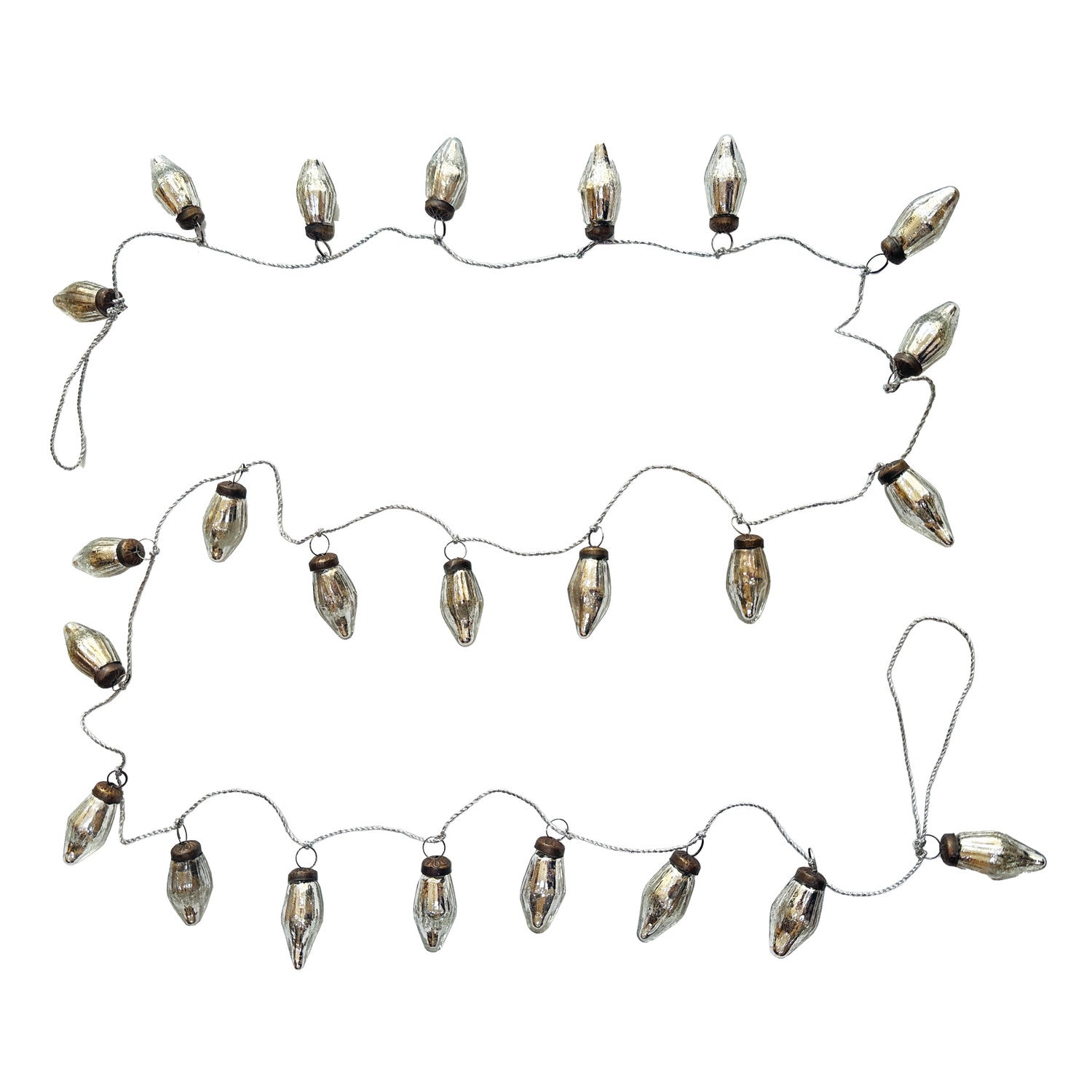 Recycled Mercury Glass Ornament Garland with Silver Cord, Feathered Farmhouse