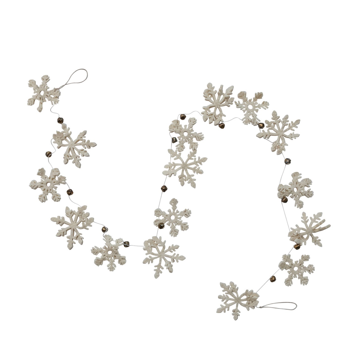 Handmade Wool Felt Snowflake Garland with Gold Finish Metal Bells, Feathered Farmhouse