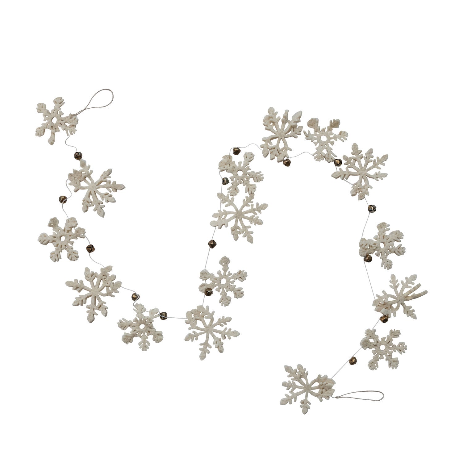 Handmade Wool Felt Snowflake Garland with Gold Finish Metal Bells, Feathered Farmhouse