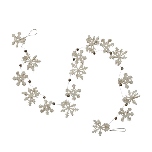 Handmade Wool Felt Snowflake Garland with Gold Finish Metal Bells, Feathered Farmhouse