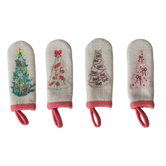 Pot Handle Cover with Embroidered Christmas Tree, Feathered Farmhouse