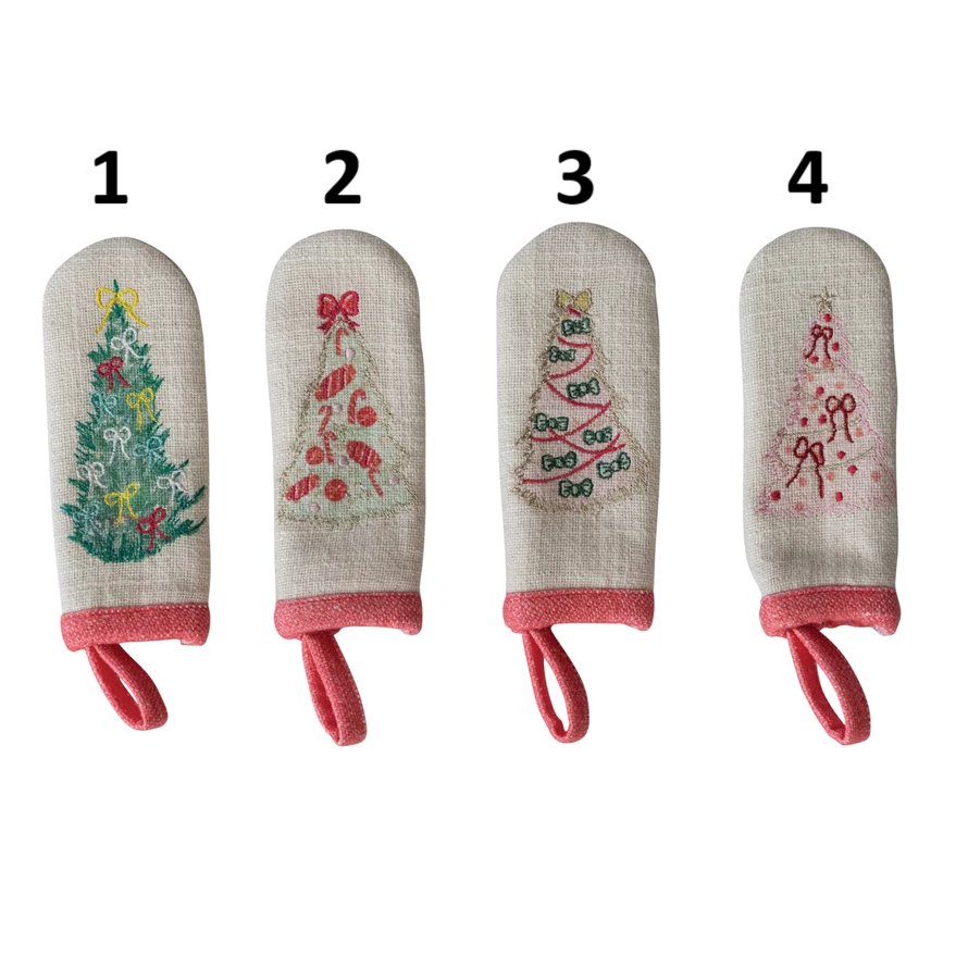 Pot Handle Cover with Embroidered Christmas Tree, Feathered Farmhouse
