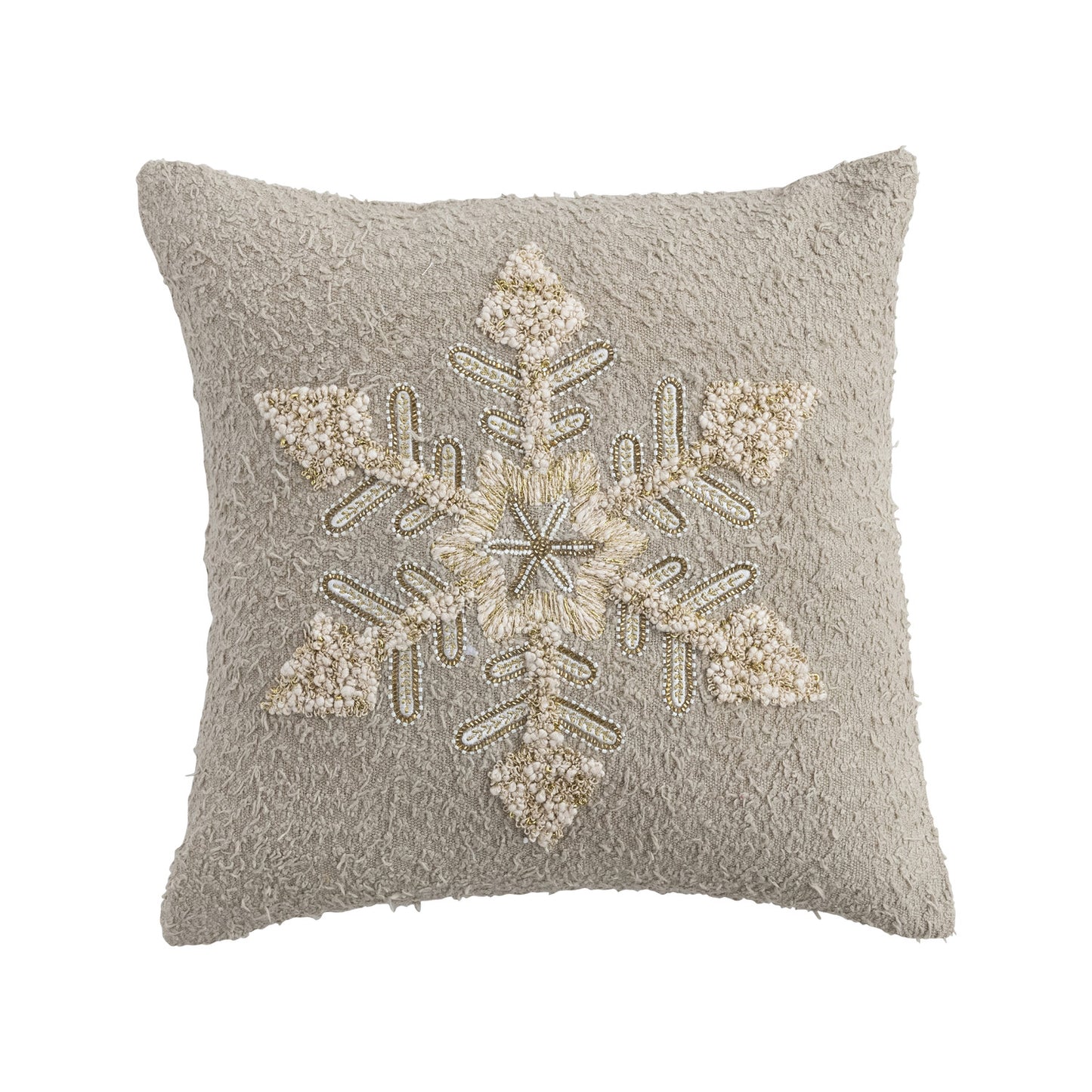 18" Square Cotton Slub Pillow with Embroidered Snowflake & Beads, Feathered Farmhouse