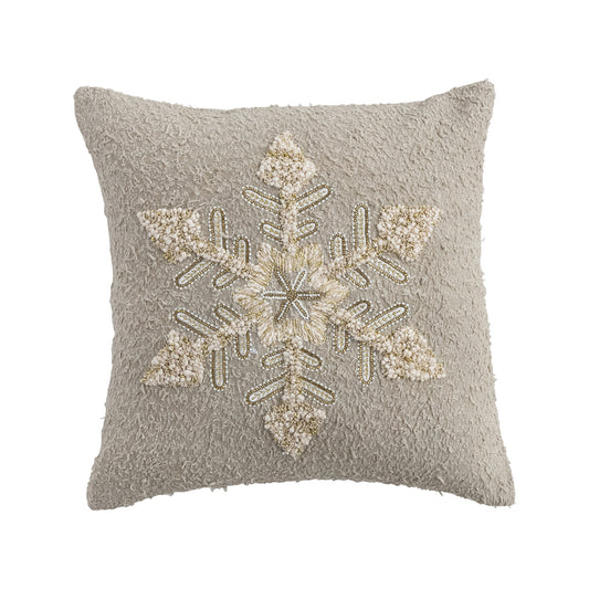 18" Square Cotton Slub Pillow with Embroidered Snowflake & Beads, Feathered Farmhouse