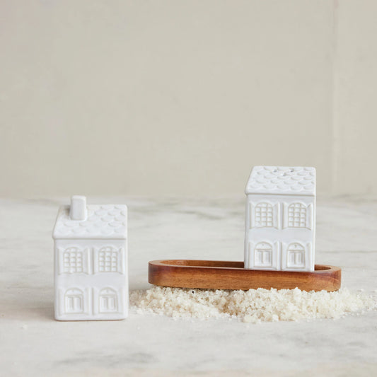 Stoneware House Shaped Salt & Pepper Shakers, Feathered Farmhouse