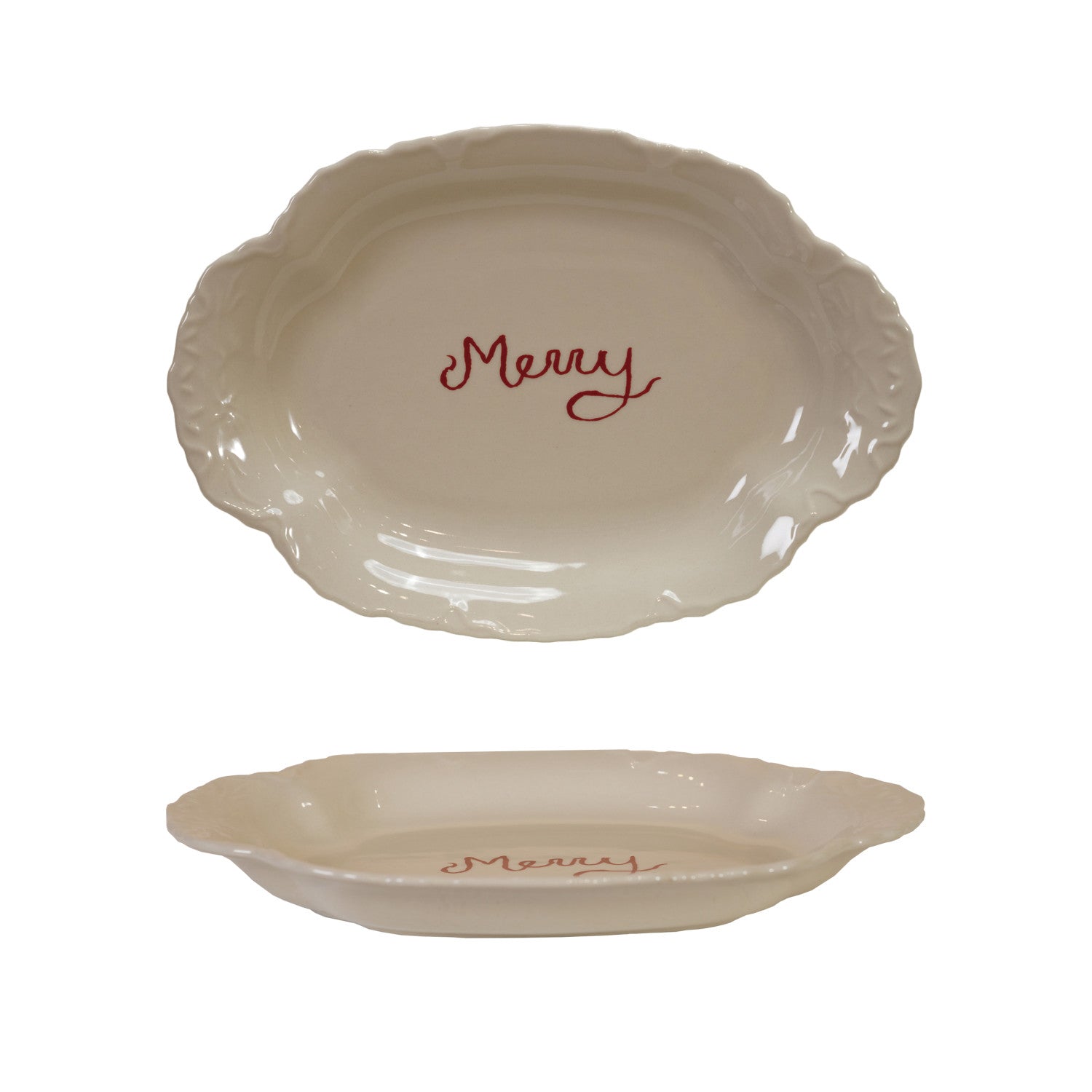Stoneware Scalloped Platter with Embossed Edge, Feathered Farmhouse