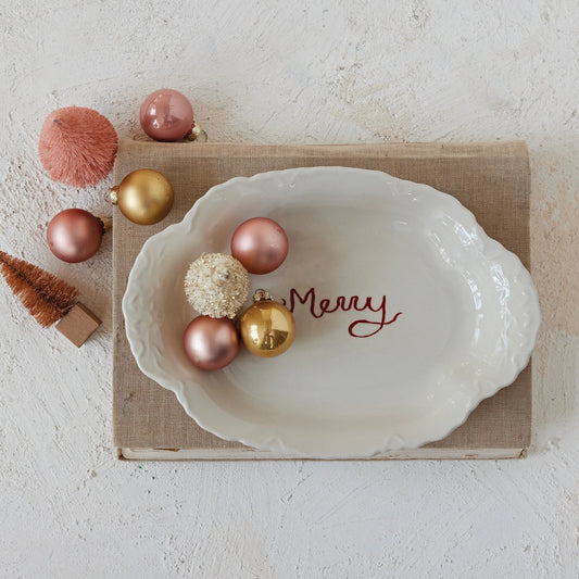 Stoneware Scalloped Platter with Embossed Edge, Feathered Farmhouse
