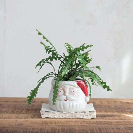 Stoneware Santa Head Shaped Planter, Feathered Farmhouse