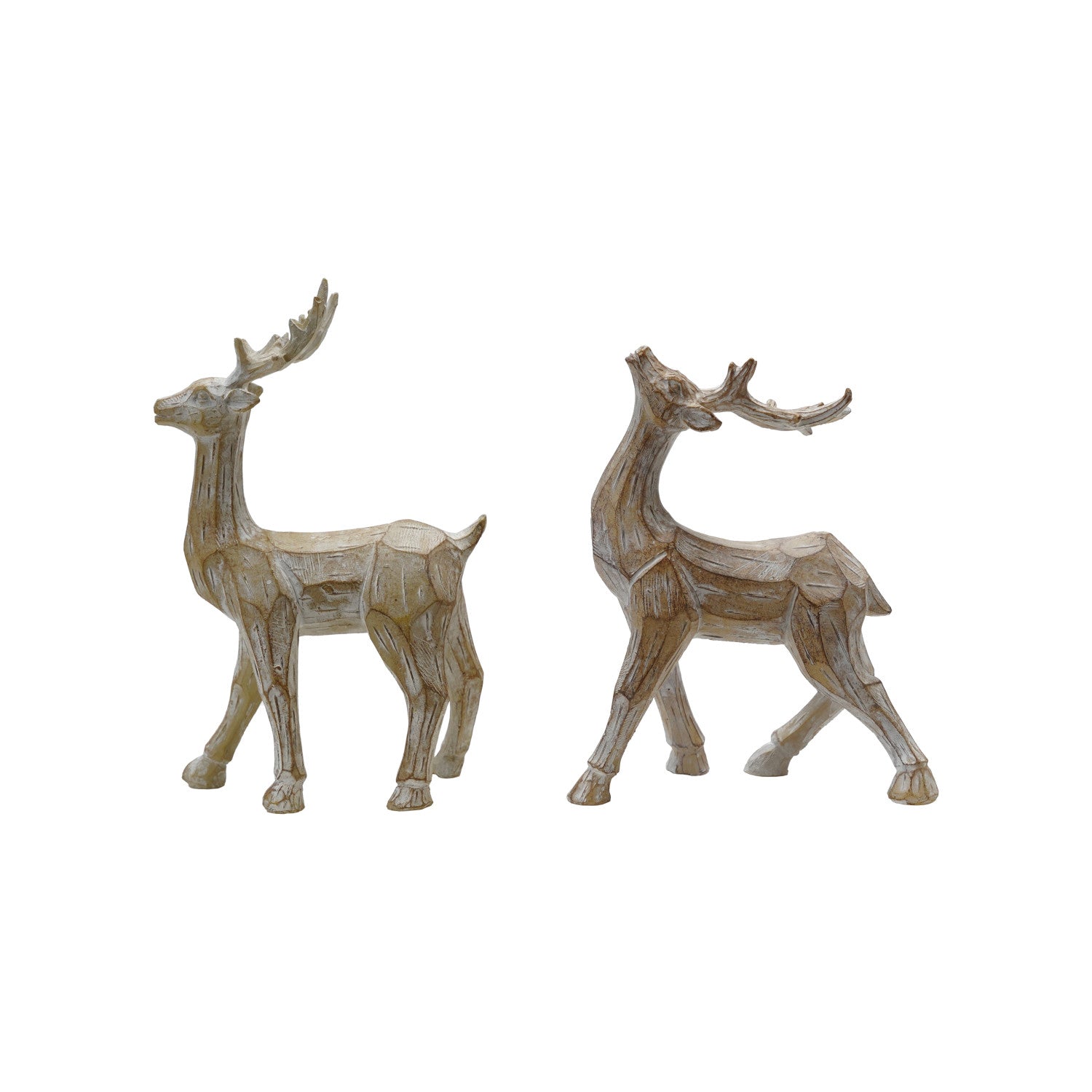 Resin Standing Deer Whitewashed Carved Wood Finish, Feathered Farmhouse