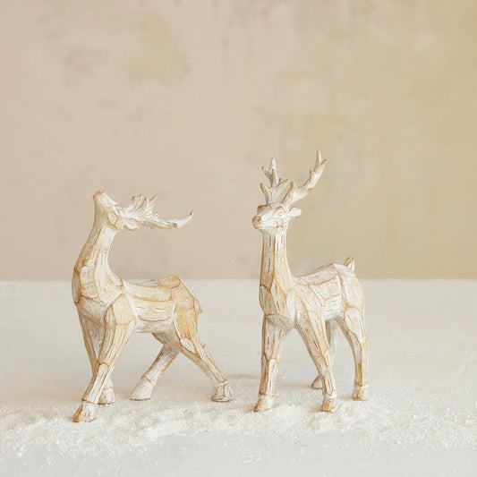 Resin Standing Deer Whitewashed Carved Wood Finish, Feathered Farmhouse