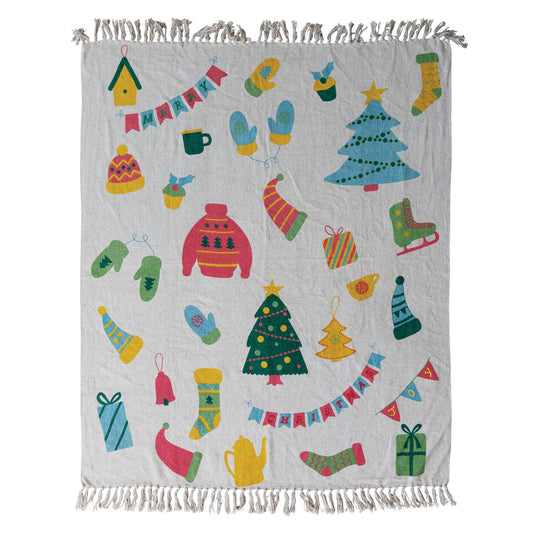 Hand-Woven Recycled Blend Throw with Embroidery & Fringe, Feathered Farmhouse