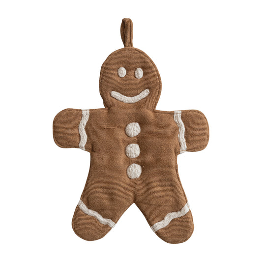 Woven Cotton Gingerbread Cookie Shaped Pot Holder, Feathered Farmhouse