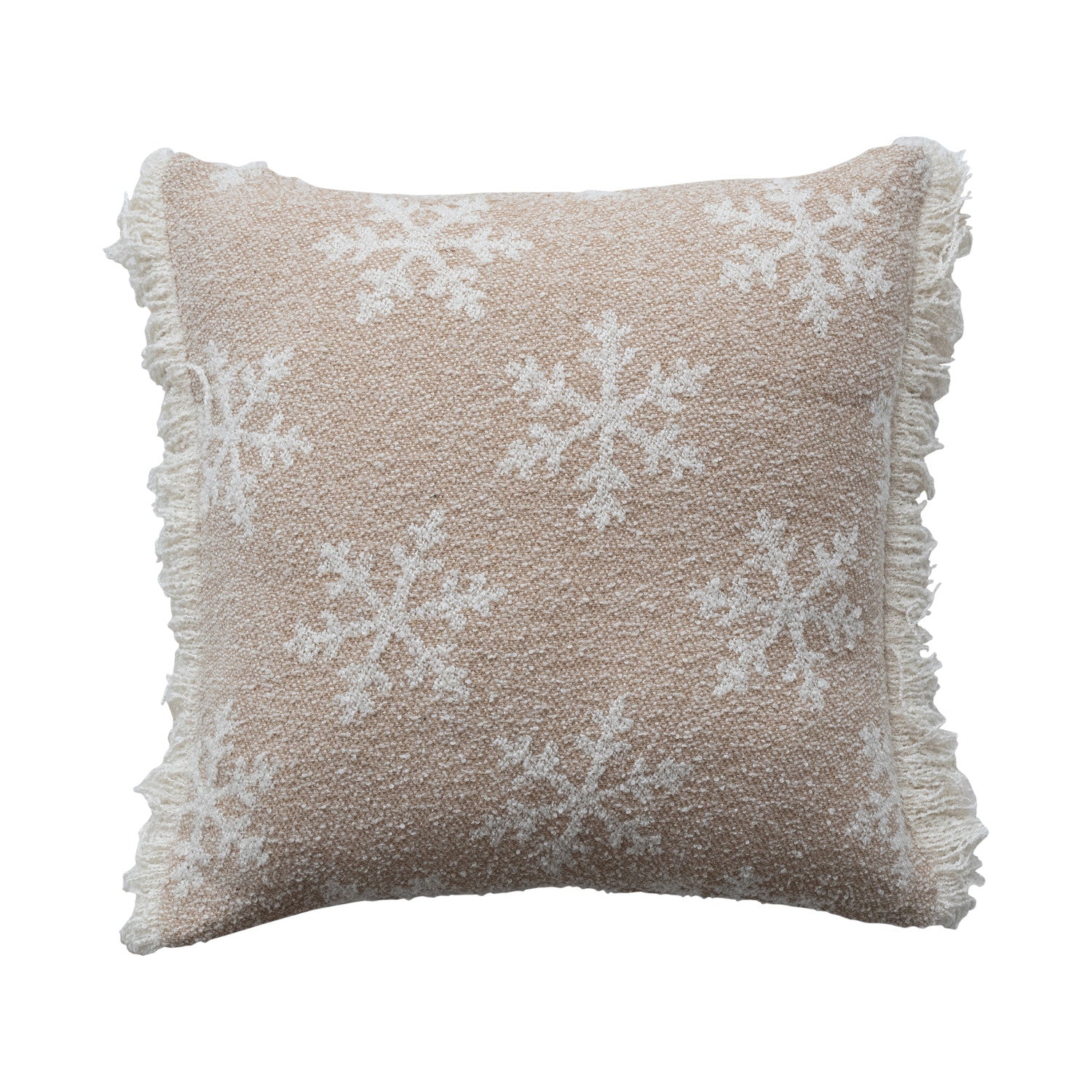 Square Recycled Fabric Jacquard Two-Sided Pillow Fringe, Feathered Farmhouse