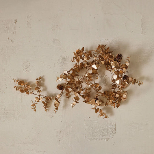 Faux Eucalyptus Garland with Pinecones Gold Finish, Feathered Farmhouse