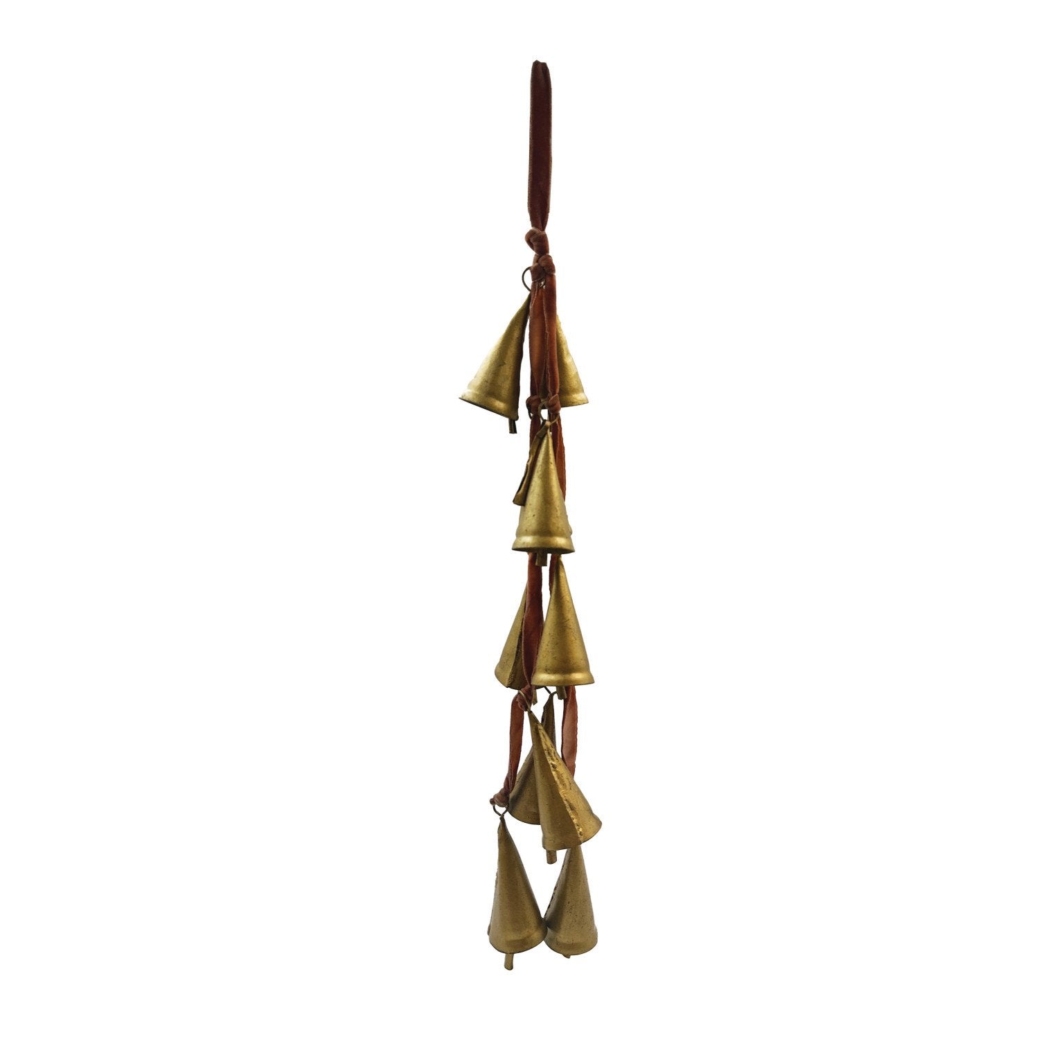 Velvet Ribbon Door Hanger with 10 Cone Shaped Bells, Feathered Farmhouse