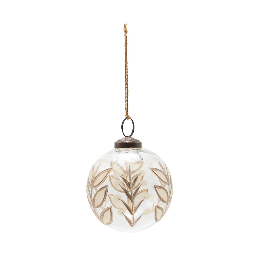 Hand-Painted Etched Glass Ball Ornament with Botanicals Design, Feathered Farmhouse