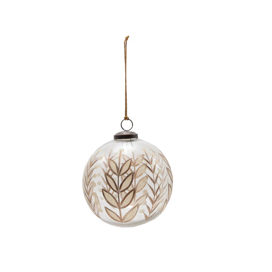 Hand-Painted Etched Glass Ball Ornament with Botanicals Design, Feathered Farmhouse