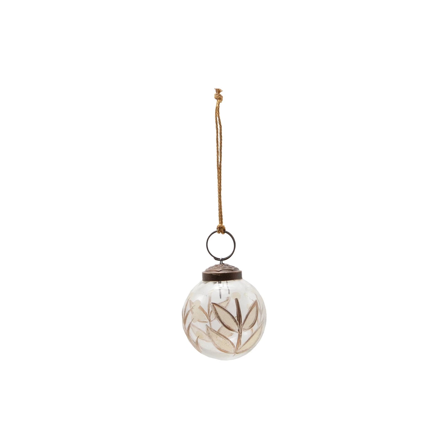 Hand-Painted Etched Glass Ball Ornament with Botanicals Design, Feathered Farmhouse
