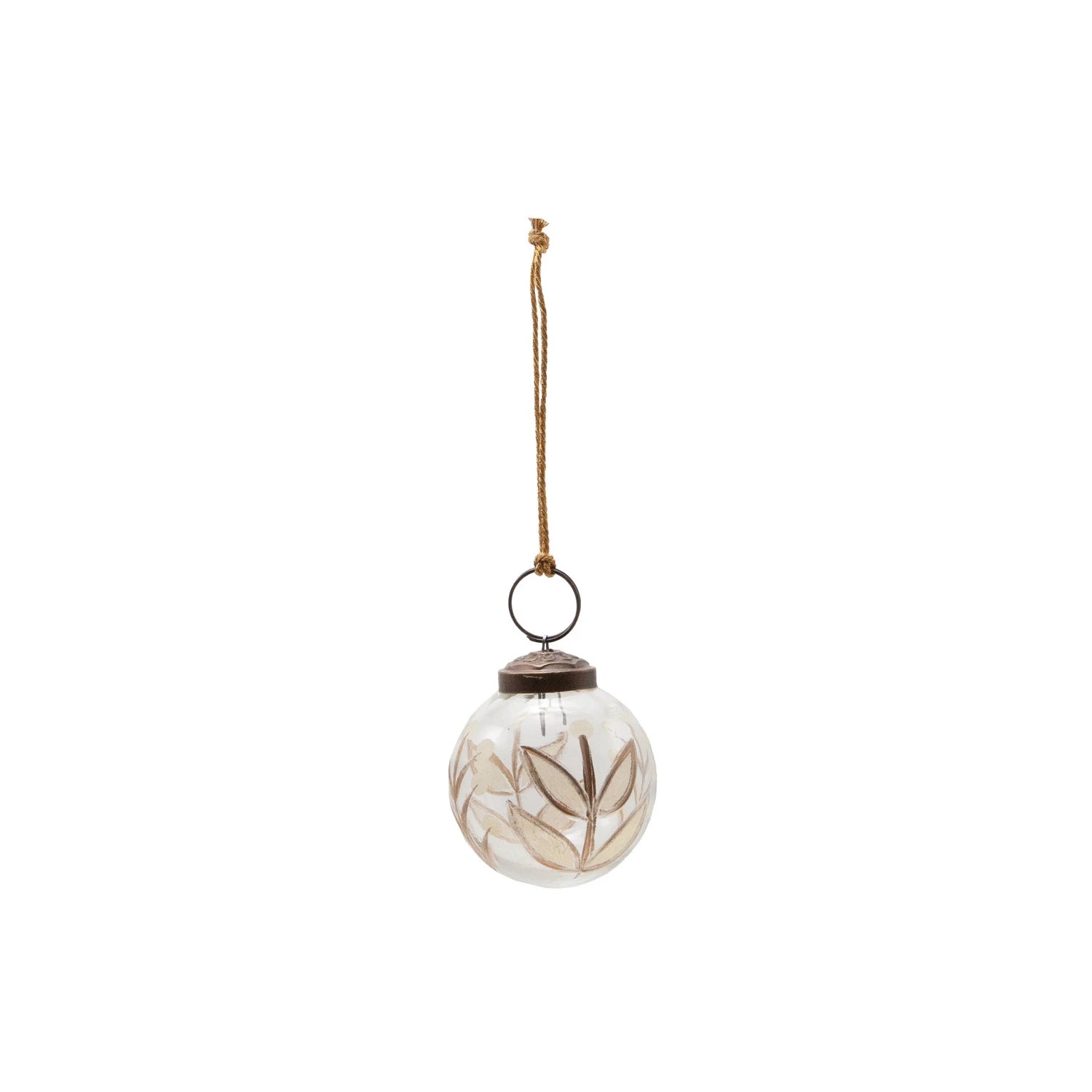 Hand-Painted Etched Glass Ball Ornament with Botanicals Design, Feathered Farmhouse