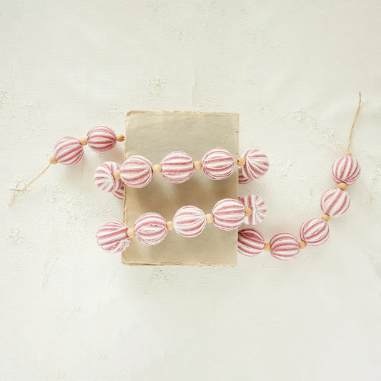 Foam & Fabric Ball Garland with Stripes & Wood Beads, Feathered Farmhouse