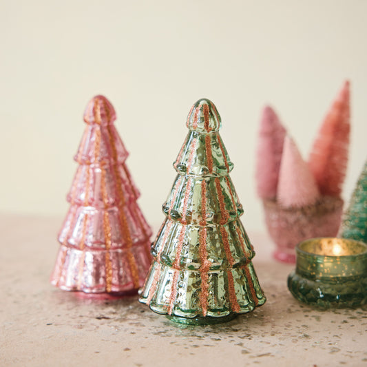Glass Tree with Glitter Stripes, Feathered Farmhouse