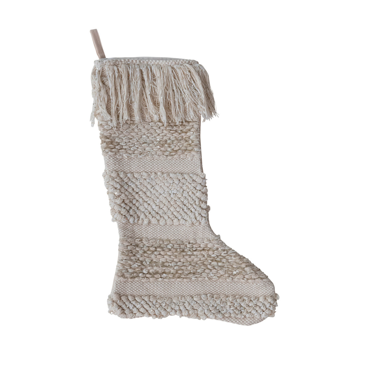 Stocking with Metallic Gold Thread, Feathered Farmhouse