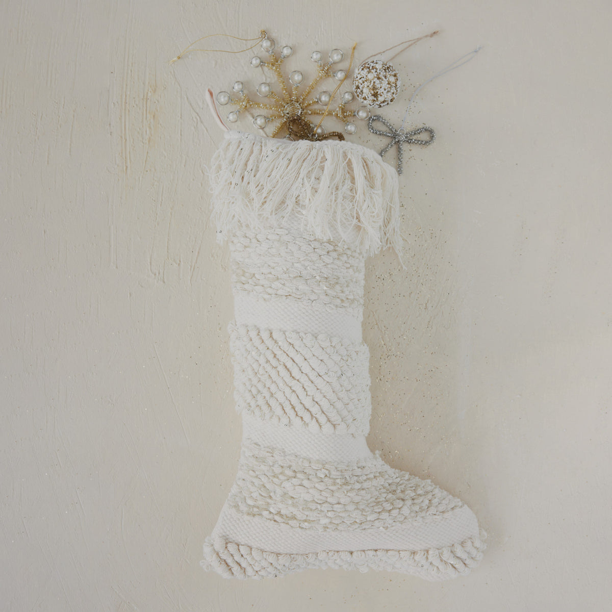 Stocking with Metallic Gold Thread, Feathered Farmhouse