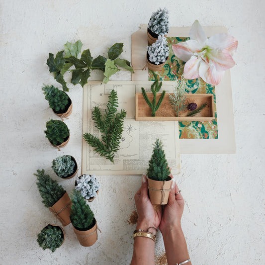 Faux Trees in Paper Wrapped Pot, Feathered Farmhouse