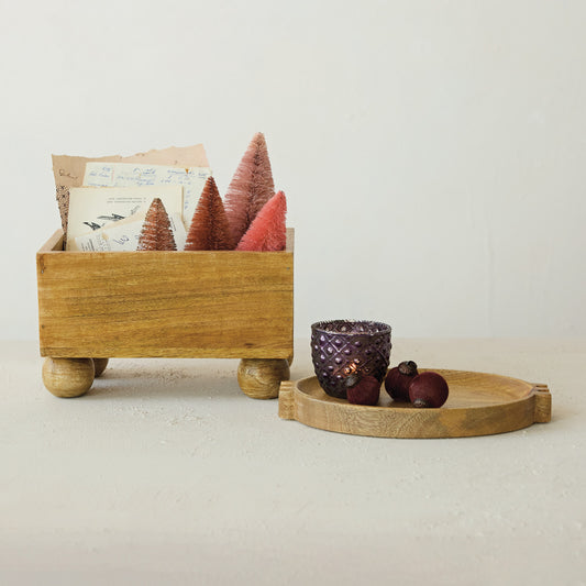 Mango Wood Container with Ball Feet, Feathered Farmhouse