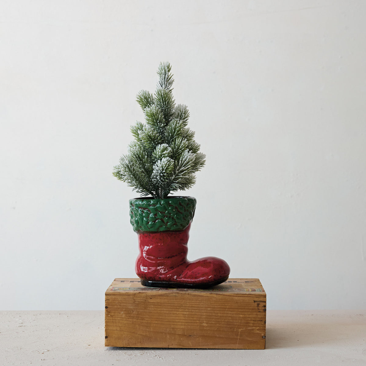 Ceramic Santa Boot Vase, Feathered Farmhouse