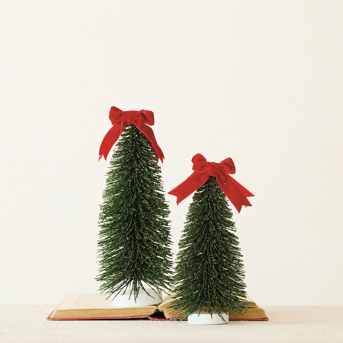 Bottle Brush Tree with Glitter and Velvet Bow, Feathered Farmhouse