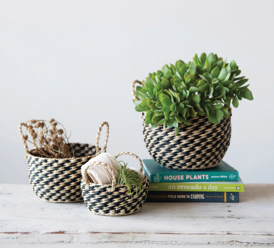 Black + Natural Seagrass Baskets, Feathered Farmhouse