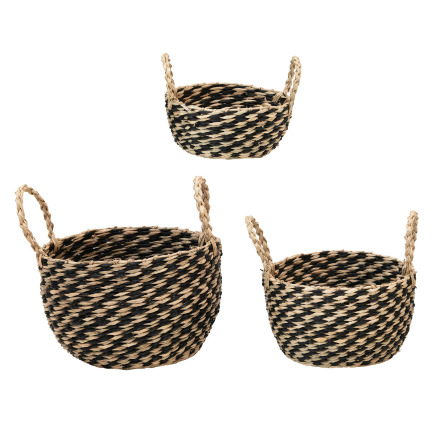 Black + Natural Seagrass Baskets, Feathered Farmhouse
