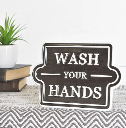 Wash Hands Tin Sign, Feathered Farmhouse