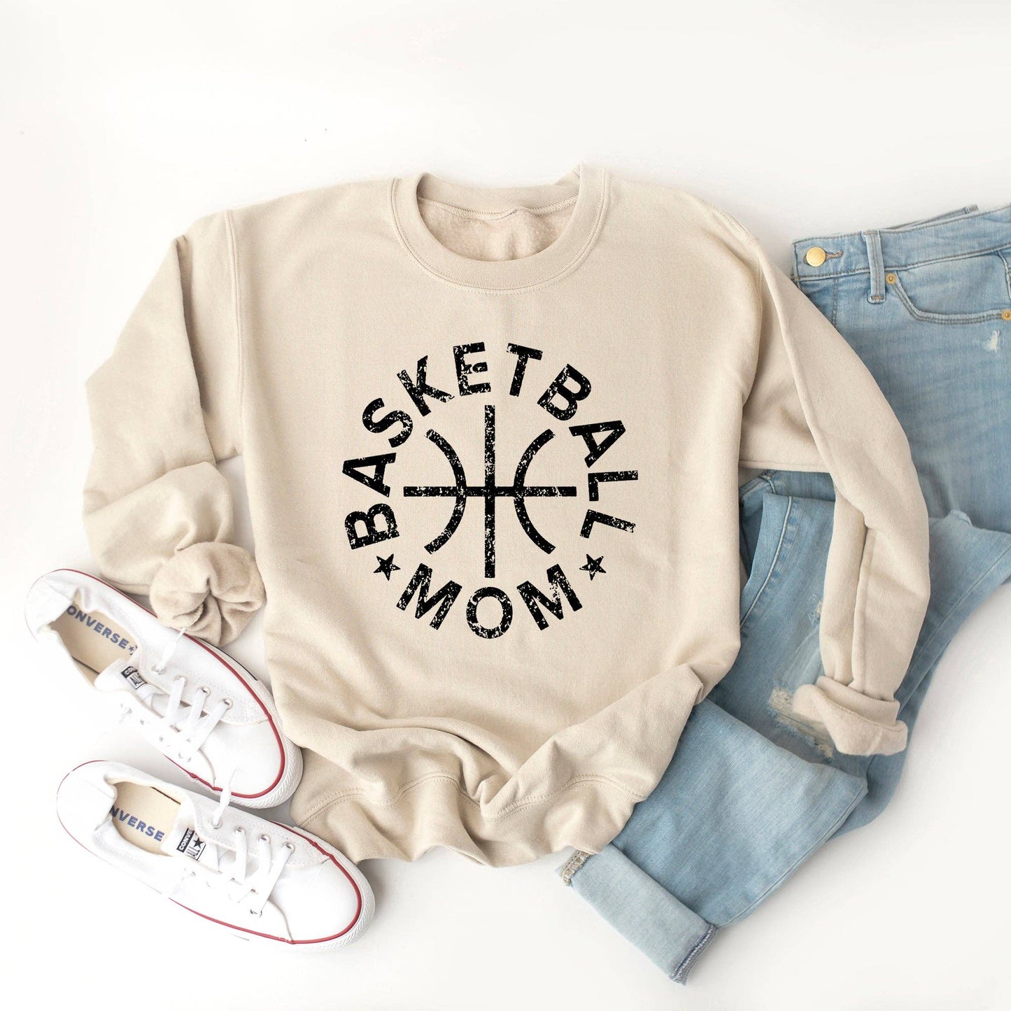 Basketball Mom Distressed | Sweatshirt: Large / Black Ink / Dust