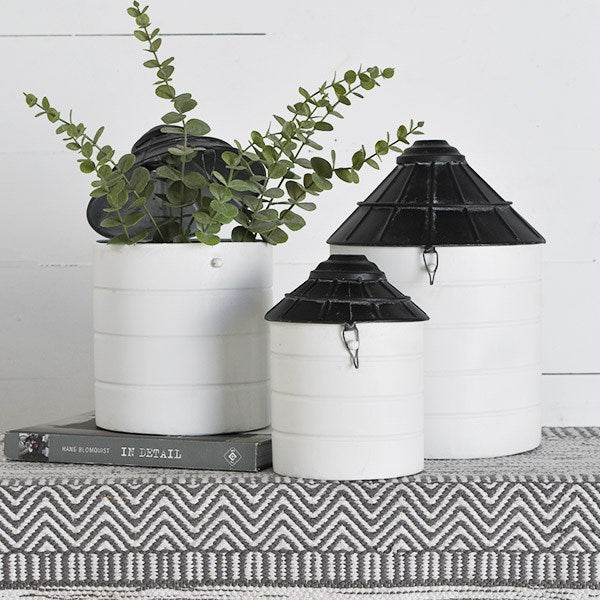 Black + White Tin Silo Canisters